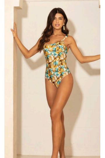 GOLD PRINTED SINGLE-STRAP ONE-PIECE SWIMSUIT