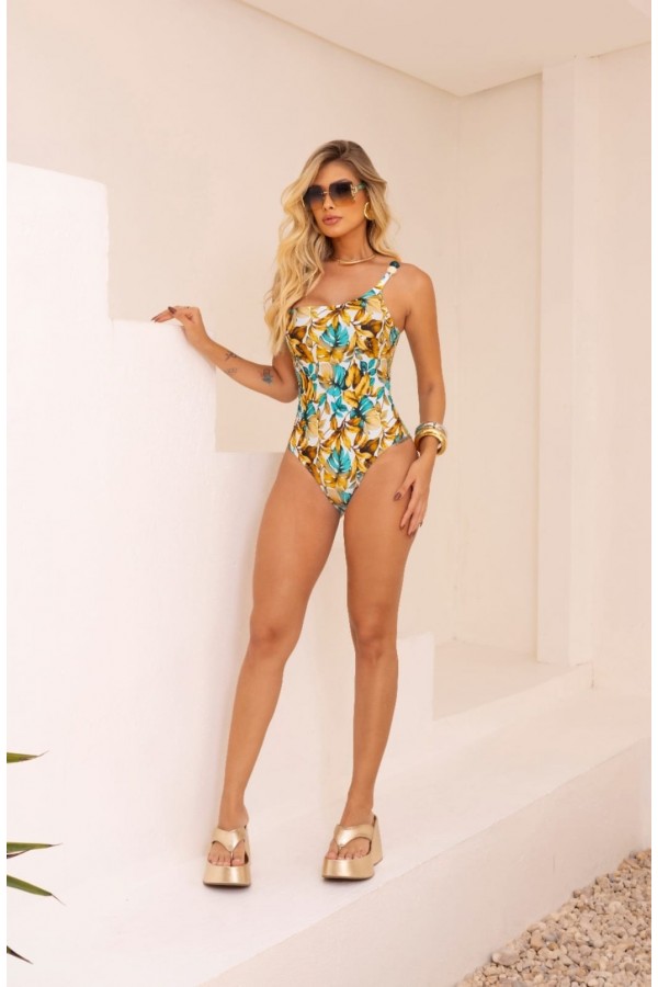 GOLD PRINTED SINGLE-STRAP ONE-PIECE SWIMSUIT